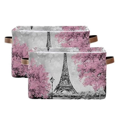 Vintage Paris Eiffel Tower And Pink Tree Themed Square Storage Basket Foldable W Cover