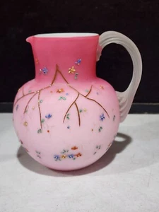 Antique Pink Victorian Satin Glass 6.5" Pitcher with Enamel Flowers - Picture 1 of 8