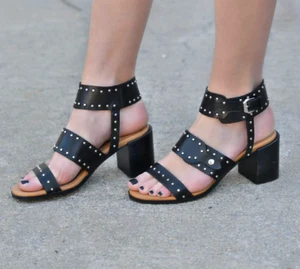 Topshop Sandal Women 37 6.5 US Black Venus Leather Studded Chunky Heel Rock Punk - Picture 1 of 17