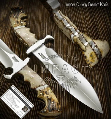 Rare Custom D2 Full Tang Bowie Knife Ram Horn and Crown Antler By Impact Cutlery - Image 1 of 4
