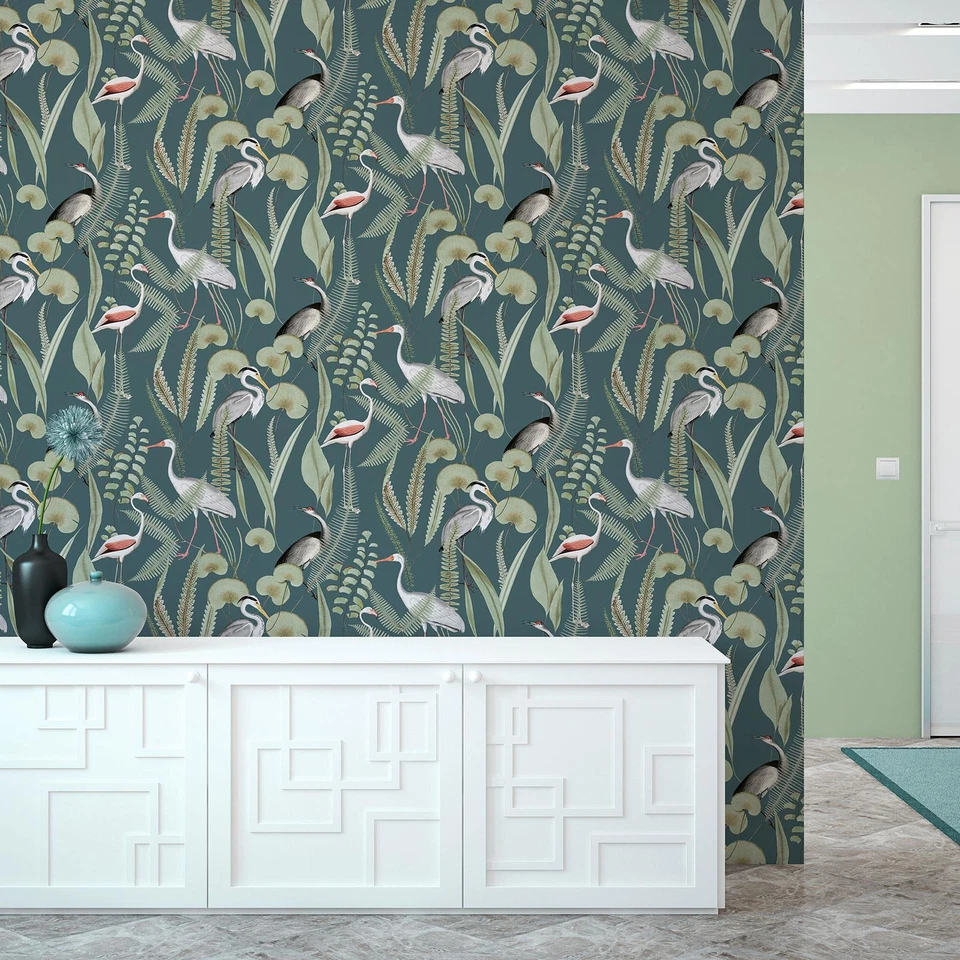 Kivu Wallpaper Muriva Water Plants Large Birds Herons Nature Eden M37414 Green