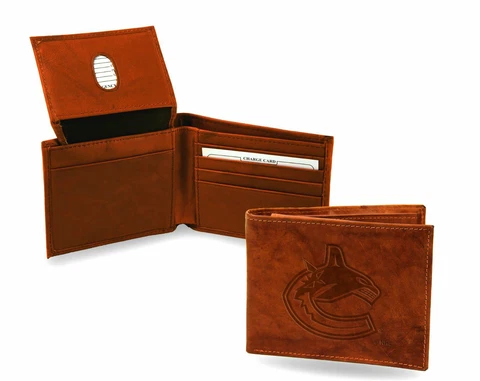 Vancouver Canucks Wallet Premium Brown LEATHER BillFold Embossed Bifold Hockey Cover