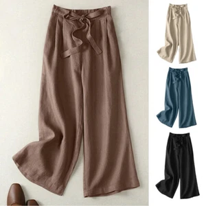 Women Summer Drawstring Waist Wide Leg Loose Trousers Cotton Linen Palazzo Pants - Picture 1 of 23