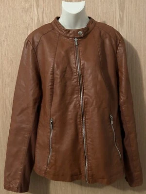 Worthington Faux Brown Leather Zip And Slap Top Motorcycle Jacket Zip Size XL - Image 1 of 4