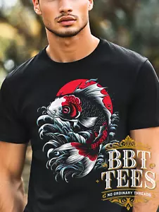 Koi Fish Japanese Wave T-Shirt – Red Sun Symbol of Strength and Luck - DTG - Picture 1 of 12