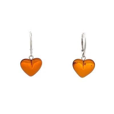 Brincos de coração de prata esterlina âmbar báltico (5/8 x 1 1/4 polegadas) - Imagem 1 de 4
