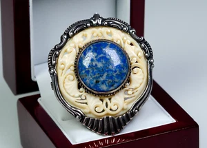800 Silber - antike Jugendstil Brosche - Lapislazuli - Handschnitzerei - GROß - Bild 1 von 9