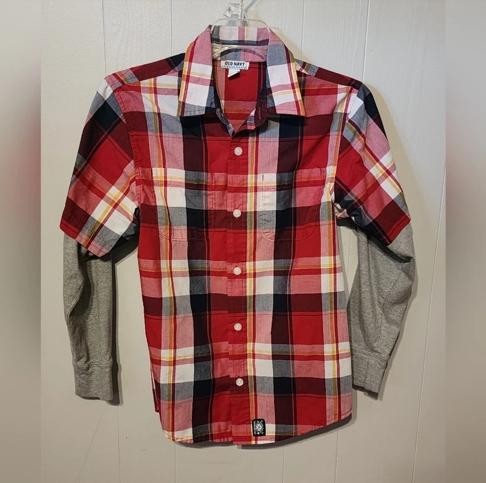 Old Navy Button Up Shirt Youth Large Red Plaid Western Long Sleeve B118 - Image 1 of 4