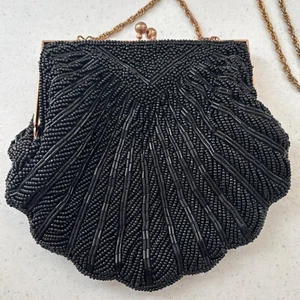Vtg Walborg Black Beaded Evening Bag Clutch Purse Kiss Lock Formal Clam Shell - Picture 1 of 6