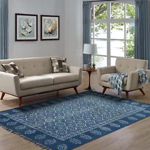 Handmade Cotton Blue Rug, Runner Kitchen Floor Carpet, Farmhouse Living Room Rug - Picture 1 of 9