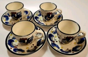 Buffalo China Demitasse Cup Saucer Blue And White Rooster Set of 4 - Picture 1 of 7