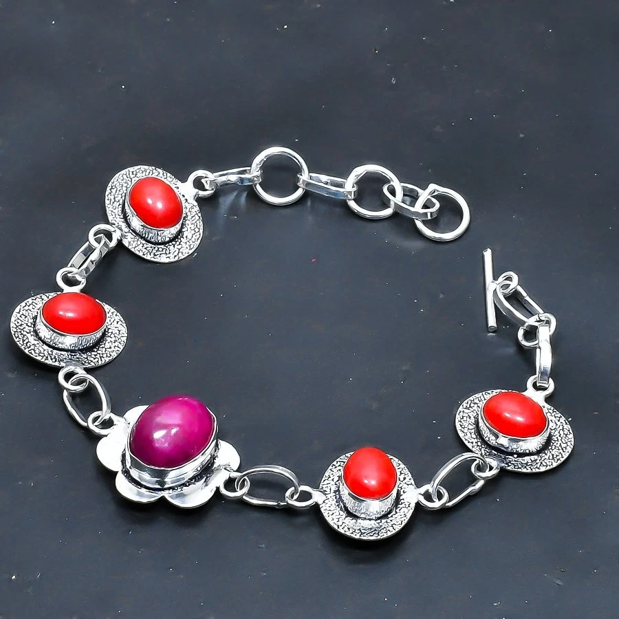 Pulsera Joyería Cachemira Rojo Rubí, Coral Rojo Hecha a Mano 7-8" Foto 1 de 1