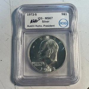 1972-S Eisenhower Silver Dollar MS67 ICG Graded Austin Hutto Signature - Picture 1 of 3