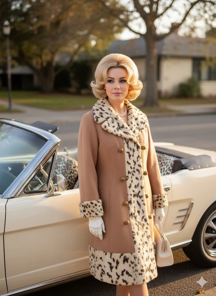 Chic Vintage Glamour: 1960s Camel Coat with Faux Leopard Fur Trim, S/M - Image 1 of 4