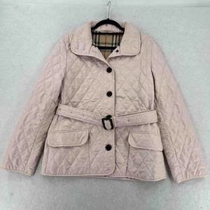BURBERRY BRIT WOMEN'S DIAMOND QUILTED CHECK LINED PINK BELTED JACKET SIZE MEDIUM - Picture 1 of 13