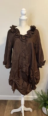 Pretty Angel Y2K Brown Ruffle Silk Blend Button Coat Sz M - Image 1 of 4