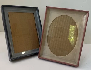 Lot Of 2 Vtg MCM Metal SHADOWBOX Picture Photo Frame Plastic Mat PINK & BLUE 5x7 - Picture 1 of 15