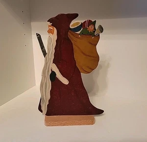 Vintage bemalte Metall Weihnachtsmann Figur auf Holzständer Volkskunst signiert Dixon Weihnachten  - Bild 1 von 16