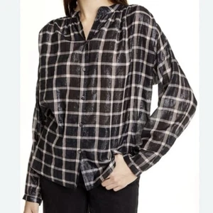 La Vie Rebecca Taylor Black Plaid Lamé Button Down Shirt Sz M Shiny Long Sleeve - Picture 1 of 11