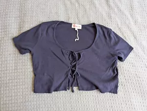 Lisa Says Gah Top Women Medium Blue Ribbed Cotton Tie Front Short Sleeve USA - Picture 1 of 10