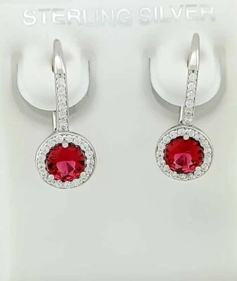 LAB CREATED 1.10 Cts RUBY & WHITE SAPPHIRE DANGLE EARRINGS .925 Silver -NWT - Image 1 of 4