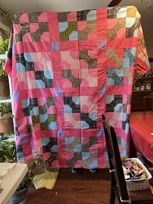 "Colcha de colección cosida a mano algodón rosa rojo marrón retazos 76""X96""" Foto 1 de 4