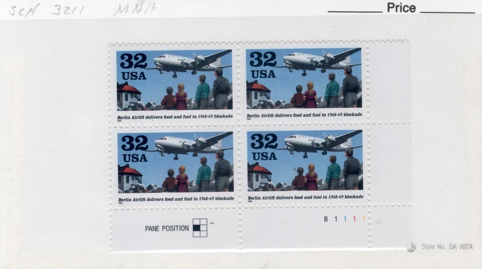 Sc# 3211 P# block of 4, 4 numbers + P1111 MNH .32 Berlin Airlift plate position - Image 1 of 1
