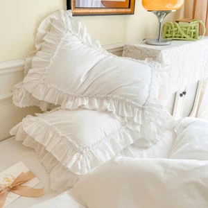 White Pillow Shams Shabby Chic Pillowcases with Lace Ruffles Pillow Covers - Picture 1 of 11