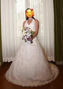 Brautkleid S/M- franz. Spitze- A-Linie- Unikat!-Schleppe-Rückenschnürrung- Neckh - Bild 1 von 11