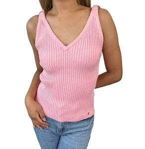 CHANEL Vintage 01C CC Logo Rib Knit Tank Top #38 Pink Gold Ring Cotton Rank AB - Picture 1 of 12