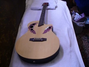  ACOUSTIC GUITAR ROUND BACK CUTAWAY SPRUCE TOP GRAPE HOLE BURLYWOOD TOTAL SETUP! - Picture 1 of 12