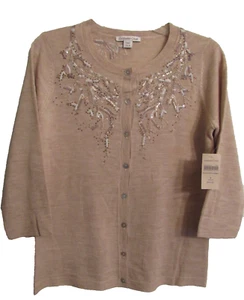 Coldwater Creek Tan Beaded Detail Embroidered Acrylic Wool Cardigan Size S (6-8) - Picture 1 of 10