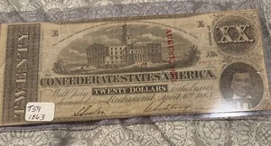 1863 $20 Confederate States T-58 Bank Note Civil War Nice ! - Picture 1 of 3