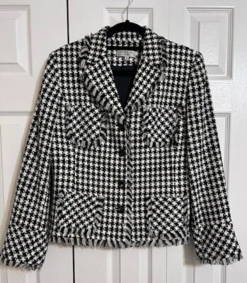 Chaqueta ajustada Bergamo Studio espiga negra blanca con flecos botones delanteros talla 12 Foto 1 de 4