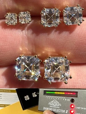 Real Iced Moissanite Stud Earrings Asscher Cut 14k Gold Over 925 Silver 4mm-8mm - Image 1 of 4