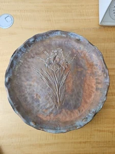 Large Serving Tray/Platter- 14 3/4" -hammered copper and embossed flower, unique - Picture 1 of 17