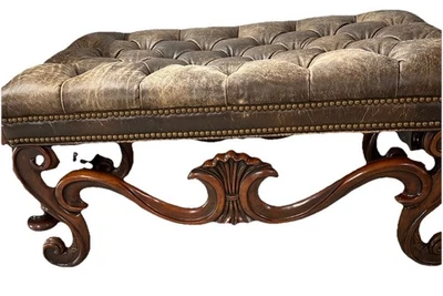 Винтажная стеганая кожаная верхняя скамья/оттоманка - Изображение 1 из 4