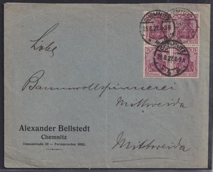 75960) VIERERBLOCK auf Brief Mi.-Nr. 148 MeF CHEMNITZ 1922 - Bild 1 von 2