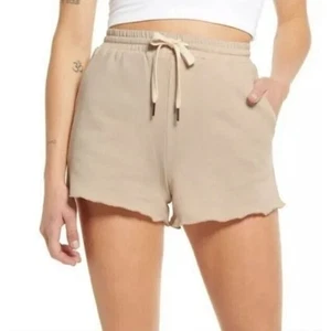 La La Land Elastic Waist Drawstring Lettuce Edge Shorts in Mushroom Large $35 - Picture 1 of 4