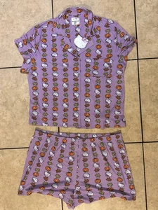 Hello Kitty Halloween Pajama Set XL Sanrio Pumpkins & Leaves Purple Sleepwear - Picture 1 of 7