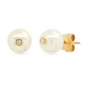 Aretes con bisel de diamantes y perlas de agua dulce joyas minimalistas de oro de 14 k - Imagen 1 de 2