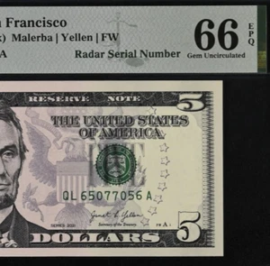 2021 $5 Federal Reserve Note PMG 66EPQ - Fancy Radar Serial Number - 65077056 - Picture 1 of 3
