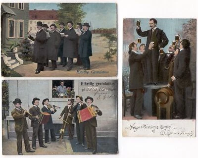 Postal X70 Felicitaciones Cordiales Saludo Caballeros Música 1906 Suecia (3 piezas) Foto 1 de 2