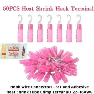 Heat Shrink Hook Terminals AWG 22-16 Waterproof Wire Connectors Red 50PCS - Picture 1 of 4