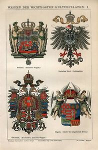 1882 GERMANY REICH PRUSSIA AUSTRIA HUNGARY COAT OF ARMS Chromolithograph Print