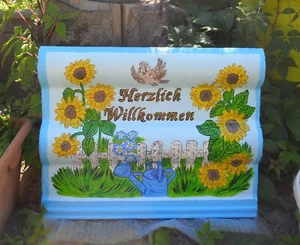 Dachziegel Schild Handbemalt wetterfest Sonnenblumen Garten Willkommen Blau,,, - Bild 1 von 15