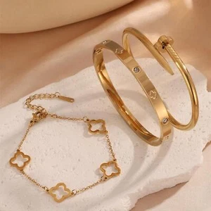 3pz Bracciali Quadrifoglio Portafortuna da Donna, Set Regalo Gioielli Charm in Acciaio Inox - Foto 1 di 28