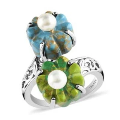 Anillo de perlas de agua dulce turquesa verde azul Mojave platino sobre SS 10,90 ctw S7,9 Foto 1 de 4