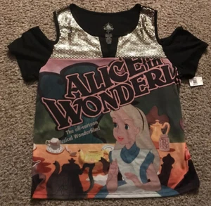 Disney Parks Alice In Wonderland Cold Shoulder Sequin Shirt Top Size  L NEW - Picture 1 of 5