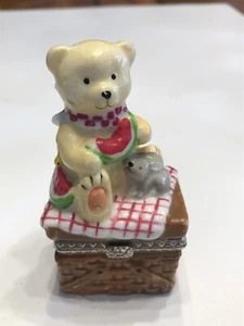 Vintage Teddy Bear And Rabbit Sitting On Trinket Box - Picture 1 of 12